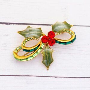 Vintage Green Ribbon Mistletoe Red Rhinestones Brooch - S36